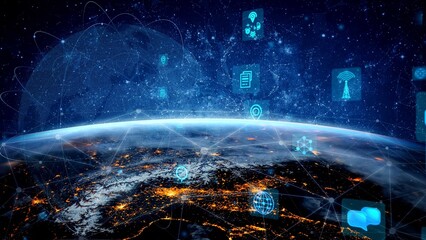 A stunning depiction of Earth viewed from space, featuring digital icons that symbolize technology and global connectivity set against a cosmic background. Xenic