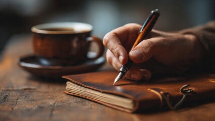 Man writing in leather journal with coffee

