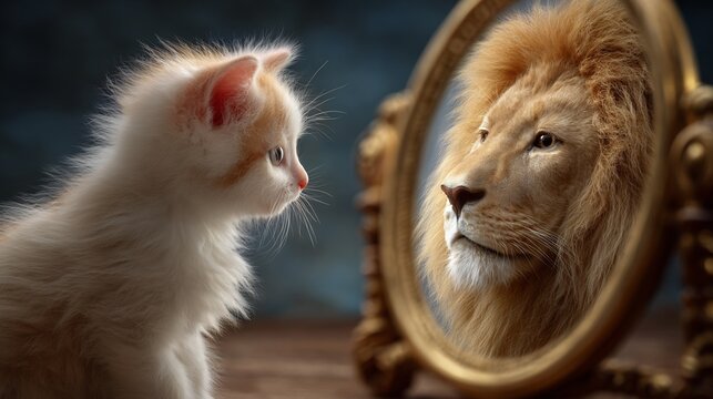 Self efficacy belief tiny kitten looking into mirror but seeing full grown majestic lion a golden mane reflecting back confidence psychology empowerment concept cute yet powerful advertising style