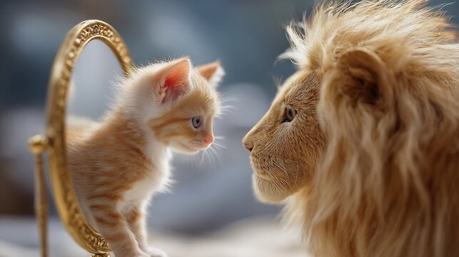 Self efficacy belief tiny kitten looking into mirror but seeing full grown majestic lion a golden mane reflecting back confidence psychology empowerment concept cute yet powerful advertising style