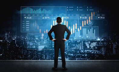 A businessman stands confidently in front of a digital interface displaying stock market data and graphs, set against a vibrant city skyline at night, portraying insights in finance. Scalp