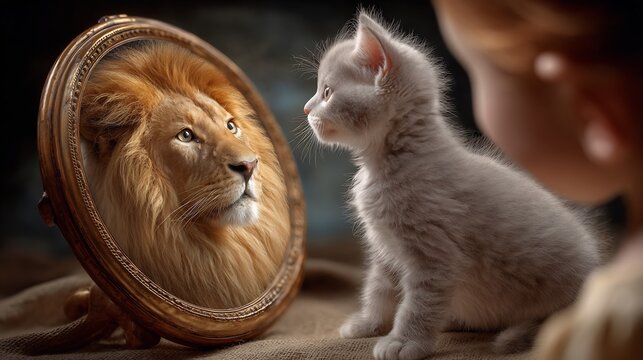 Self efficacy belief tiny kitten looking into mirror but seeing full grown majestic lion a golden mane reflecting back confidence psychology empowerment concept cute yet powerful advertising style