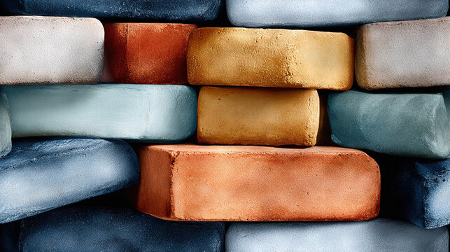 Colorful bricks arranged in a textured wall