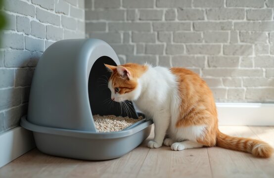 Ginger cat sniffs at enclosed rubbish box. Home pet sits near cat toilet with filler on floor in apartment room with brick wall. Animal care and hygiene for cats.