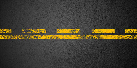 Asphalt road with yellow lane marking, concrete highway surface, texture. Street traffic line, road dividing strip. Pattern with grainy structure, grunge stone background. Vector illustration