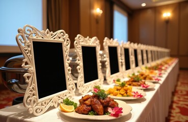 Fototapeta premium Long banquet table served with halal food in plates. It is decorated with fancy frames, flowers and greens. Wedding reception or party with buffet dinner at luxury restaurant.