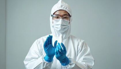 Asian medical worker in full protective gear, including face mask, goggles, and white hazmat suit, clasps gloved hands. This image represents healthcare professionals fighting pandemics and disease.