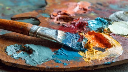 Obraz premium Artist mixes vibrant oil paints on a wooden palette with a brush