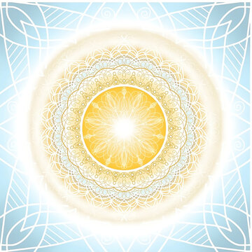 Mandala lumineux dor&eacute; et blanc aux motifs sym&eacute;triques d&eacute;licats, illustration spirituelle et m&eacute;ditative sur fond bleu clair