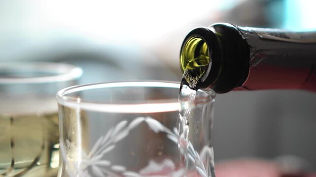 The wine pours from the bottle into the glass, filling it. Close-up shooting
