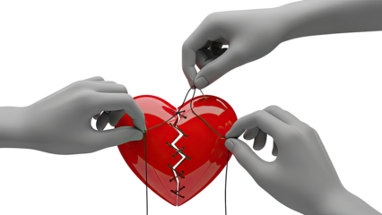 Hands Sewing a Broken Red Heart Together
