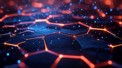 A futuristic digital illustration of a network of glowing orange lines and blue dots on a dark background