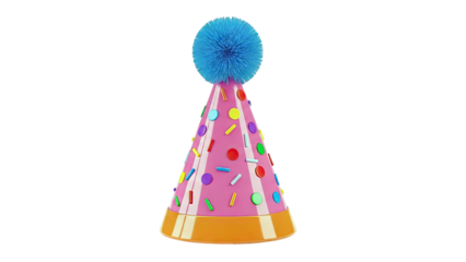 Pink Party Hat with Blue Pom-Pom and Colorful Sprinkles
