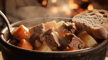 A hearty and comforting bowl of steaming beef stew brimming with tender chunks of meat vibrant carrots and soft potatoes served with a rustic slice of bread all set against the warm inviting glow of .