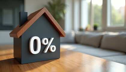 Small house model with 0 sign sits on wooden table. Interior home background with sofa and window. Zero interest rate for property purchase. Affordable housing concept.