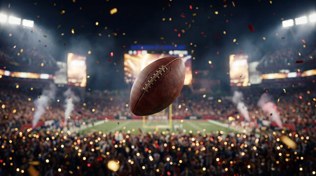 American football spiraling through the air during a night game in a crowded stadium with confetti falling and a festive atmosphere, celebrating a championship win