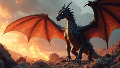 Powerful dragon stands on rocks at sunset. Dragon has large wings and black scales. Fantasy creature emits flames. Mythical monster looks majestic against colorful sky. Art for fantasy books covers.