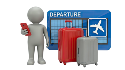 3D Man with Luggage at Airport Departure Board