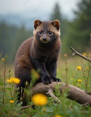 Obraz premium Cute polecat stands on branch in wildflowers field. Fluffy mammal looks at camera in park. Wild animal watches in nature. European mink in forest. Mustelid portrait in spring.