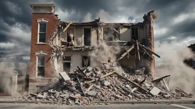 Witness the dramatic collapse of a historic structure in a lively city as dust fills the air. Nature and humanity collide in this awe-inspiring display of transformation.