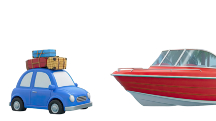 Blue car with luggage and red boat on white background