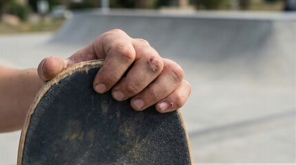 Close up of man hand holding skateboard with cuts and scrapes. Skateboarder lifestyle concept for urban youth and extreme sports.