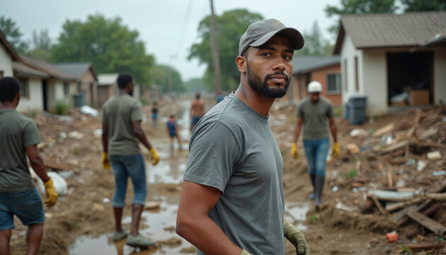 Volunteers work in area after natural disaster. People help with cleaning up debris and rebuilding houses. Community service and teamwork are essential in crisis situations for recovery.