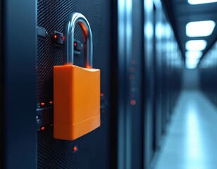 Orange padlock secures dark blue server rack in long row. Represents enhanced security for data centers. Concept of data protection. Focus on server, key, lock. Digital infrastructure for safety