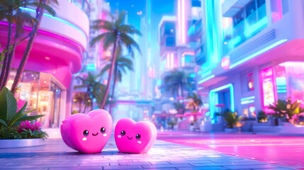 Adorable chocolate heart characters in a festive arrangement futuristic city