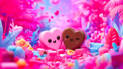 Adorable chocolate heart characters in a festive arrangement glitch art