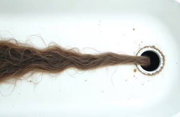 Long clump of brown hair removed from bathtub drain. Clogged pipes and slow water flow indicate plumbing issues. Hygiene and home maintenance needed.