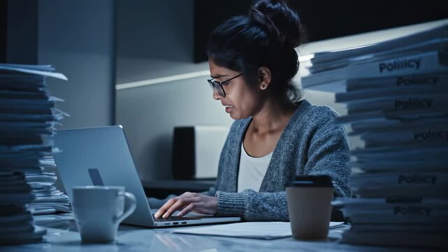 Late at night, a dedicated student sits at a desk, meticulously typing on her laptop. Surrounded by piles of paperwork, she takes intentional pauses to sip her warm coffee, deep in thought.