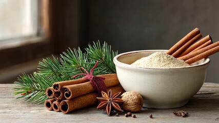Rustic winter spice display highlighting cinnamon, star anise, and nutmeg aromatics for holiday season vibes