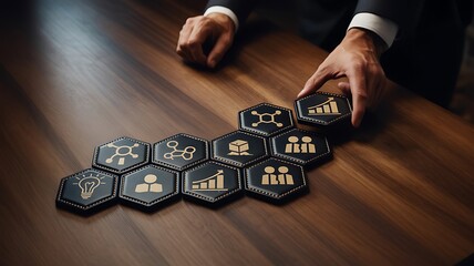 A businessman strategically arranging hexagonal blocks with business icons on a wooden surface