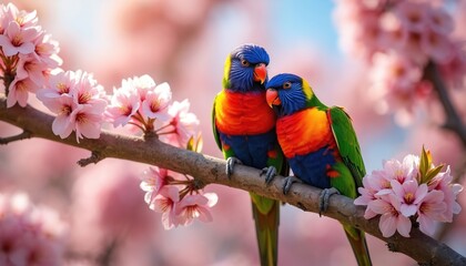 Two rainbow lorikeets sit together on tree branch with pink cherry blossoms. Colorful birds perched in spring bloom, enjoying natural habitat. Fauna, nature, ornithology concepts, avian wildlife