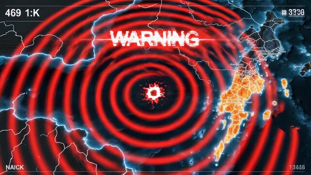 Up-to-date alerts depict seismic activity over East Asia with red waves highlighting potential earthquakes. Citizens prepare and brace for safety measures while monitoring updates.