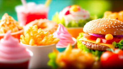 Compilation of various quick service meal items defocused fast food