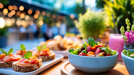 Corporate networking event with buffet spread business professionals mingle