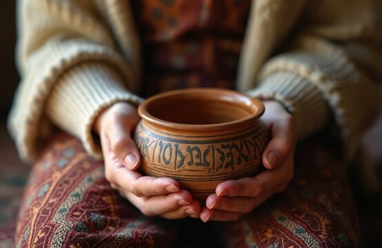 Woman holds ancient clay pot with Hebrew inscription. Person wears traditional patterned clothes and cozy sweater. Focus on hands and artifact.