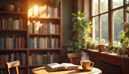 Cozy library corner with open book, cup of coffee, steam. Bookshelf filled books. Study room is illuminated sun, plants. Knowledge and relaxation for readers at home.