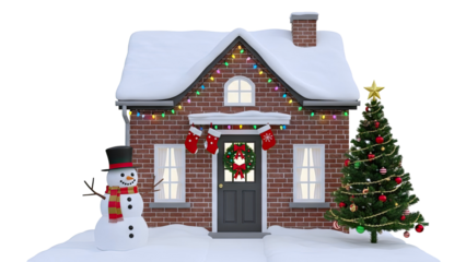 Snow-Covered House with Christmas Decorations and Snowman