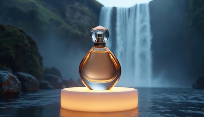 Elegant perfume bottle stands on luminous podium near waterfall. Luxury fragrance product for women. Stylish glass bottle design. Beauty product ad campaign. Nature fresh scent in fashion style.