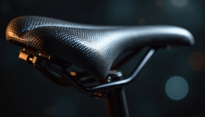 Close up of a black carbon fiber bike saddle with textured surface and sleek design. Shiny glossy finish accentuates the material. Modern cycling equipment for performance and comfort.