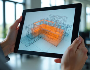 Person uses tablet pc with AR app for architectural visualization. Digital 3D model on device display screen. Innovative tech to view construction blueprints, design layout. Software for building