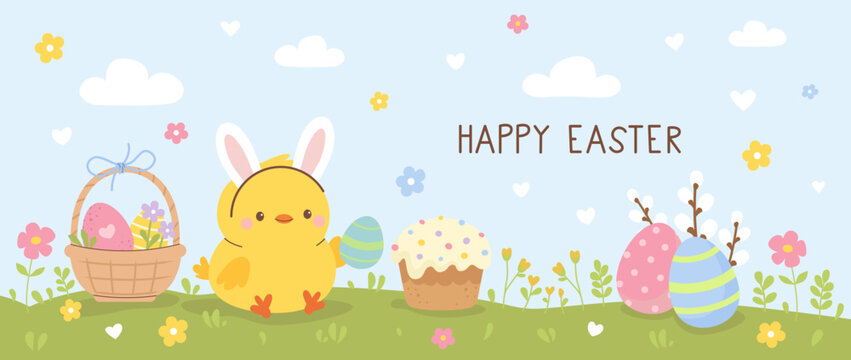 Happy Easter banner with yellow chick, basket with eggs, Easter cake, flowers on a spring meadow. Cute flat vector illustration for spring celebration.