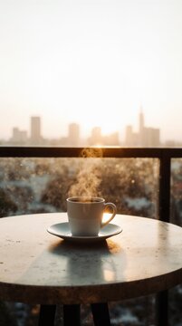 Steaming coffee cup on balcony with city skyline at sunrise