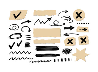 Hand drawn doodle elements: arrows, checkmarks, and scribbles on torn paper