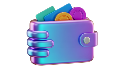 Purple and Blue Gradient Wallet with Gold Coins and Cards 3D Icon