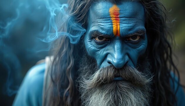 Close up portrait of blue skinned Aghori Sadhu man with long hair and beard. Hindu monk with orange mark on his forehead looks at camera. Spiritual guru in india.