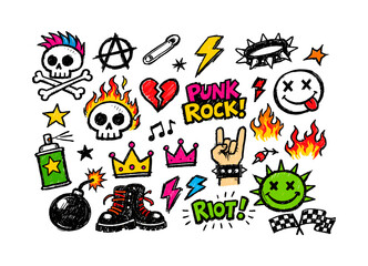 Punk rock doodle art: skulls, lightning bolts, and music icons